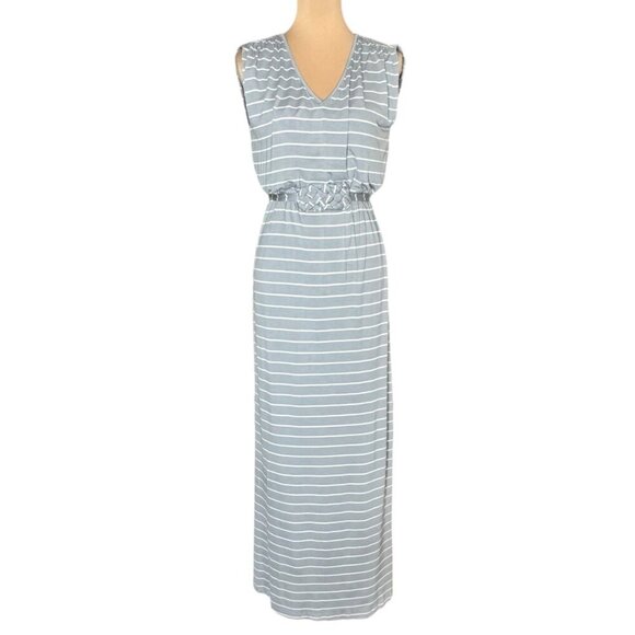 NWOT Striped Maxi Dress Sz.L Grey White Belted Coastal Minimalist Preppy Basic - Picture 1 of 13